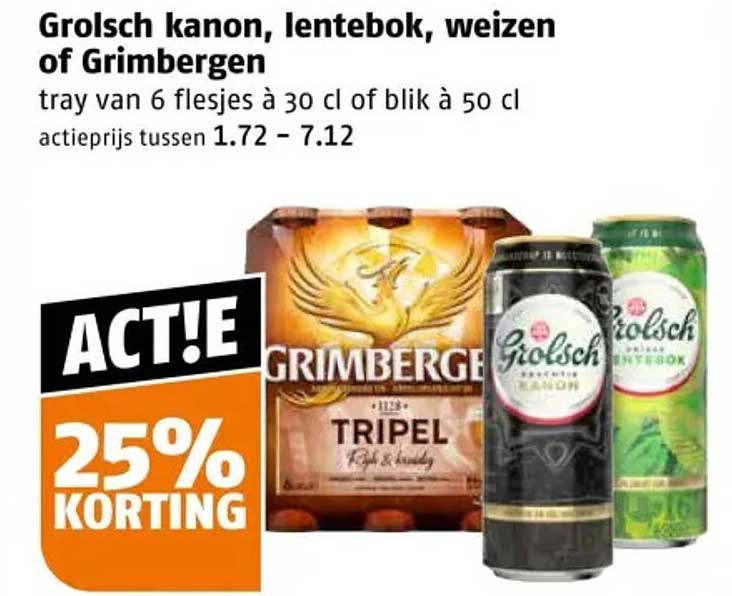 Grolsch kanon, lentebok, weizen of Grimbergen 25% korting