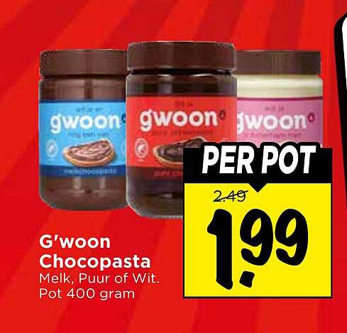 G'woon Chocopasta Melk, Puur of Wit. Pot 400 gram