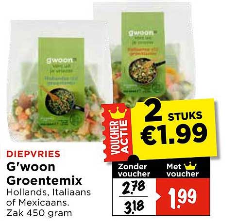 G'woon Groentemix Hollands, Italiaans of Mexicaans. Zak 450 gram 2 STUKS €1.99