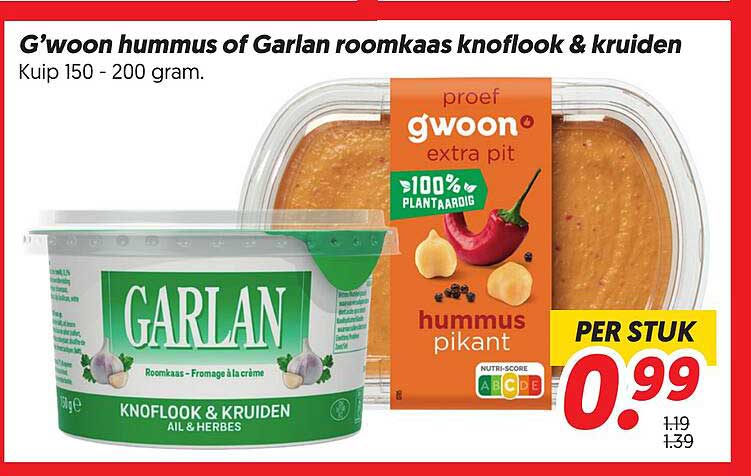 G'woon hummus of Garlan roomkaas knoflook & kruiden
