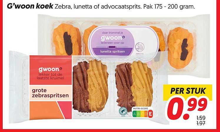 G'woon koek Zebra, lunetta of advocaatpritsen. Pak 175 - 200 gram. PER STUK