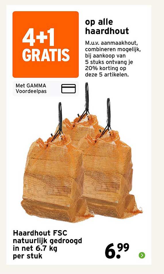 Haardhout FSC natuurlijk gedroogd in net 6.7 kg per stuk 4+1 GRATIS