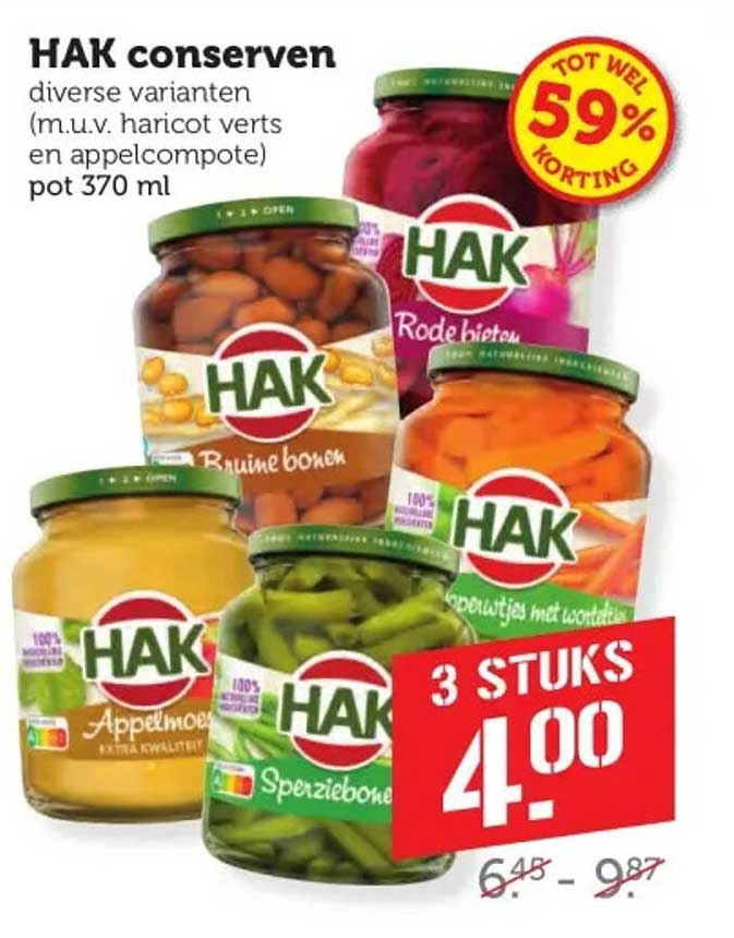 HAK conserven diverse varianten (m.u.v. haricot verts en appelcompote) pot 370 ml