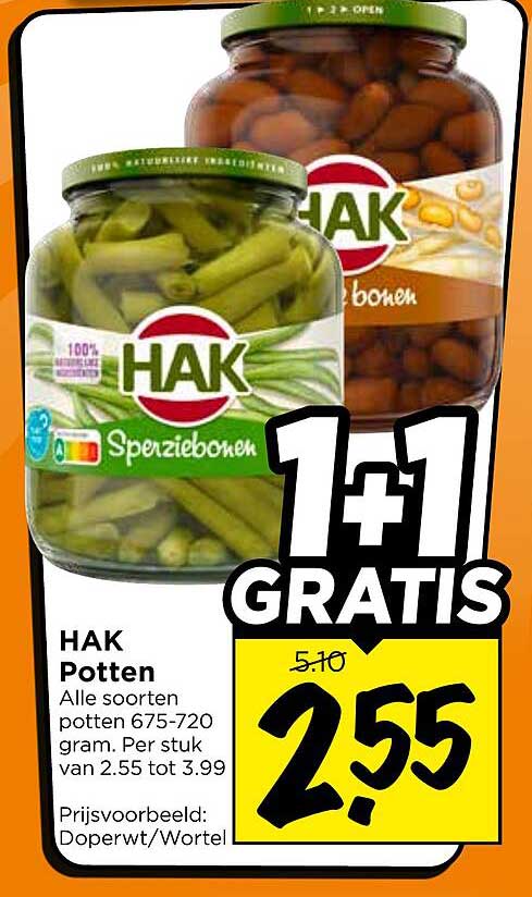 HAK Potten Alle soorten potten 675-720 gram. Per stuk van 2.55 tot 3.99 1+1 GRATIS