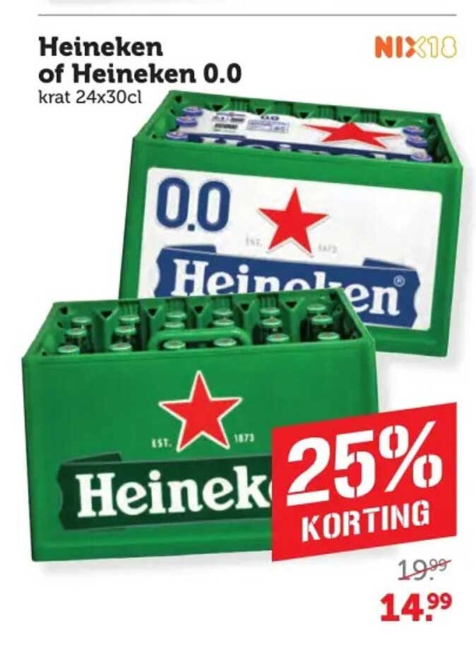 Heineken of Heineken 0.0 krat 24x30cl 25% korting