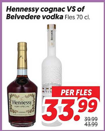 Hennessy cognac VS of Belvedere vodka Fles 70 cl.