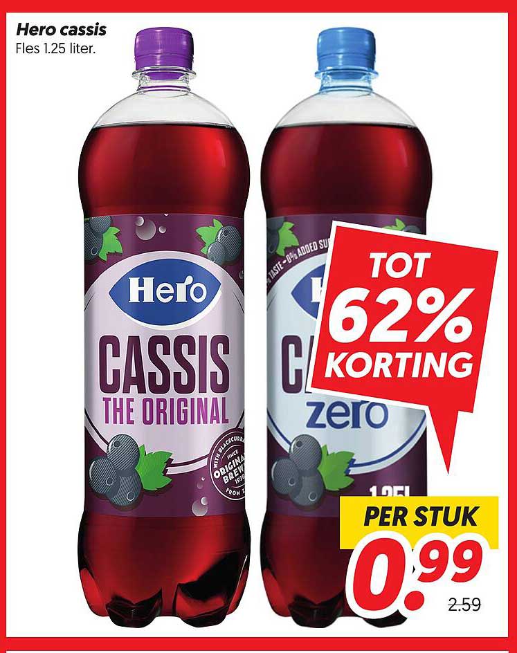 Hero cassis Fles 1.25 liter. TOT 62% KORTING