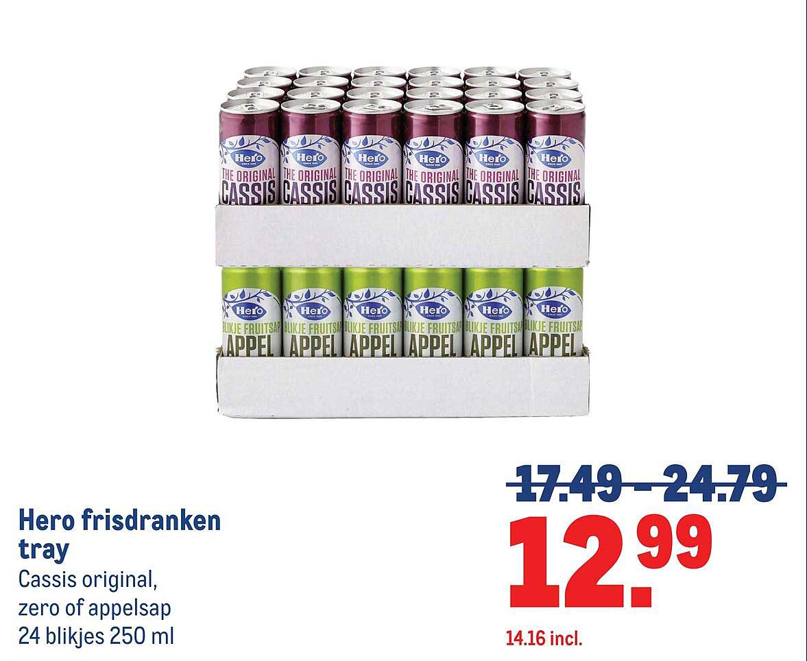 Hero frisdranken tray Cassis original, zero of appelsap 24 blikjes 250 ml