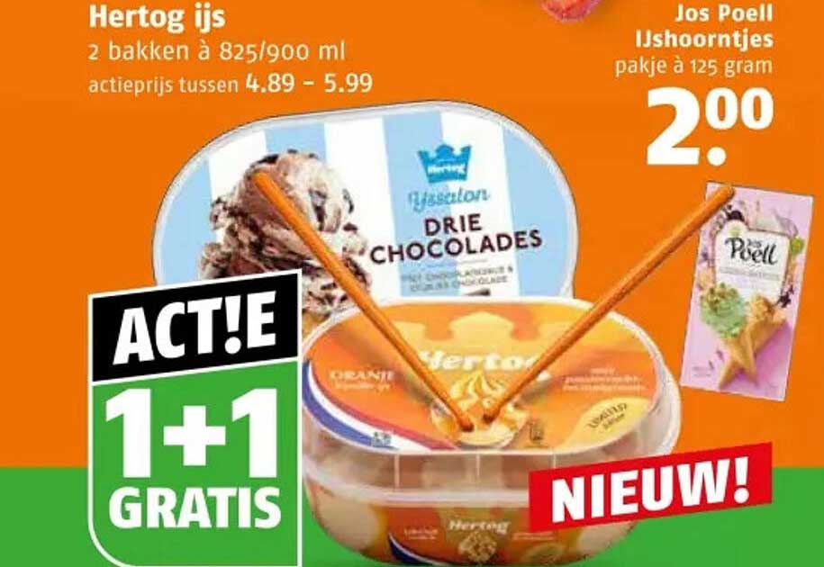 Hertog ijs 2 bakken à 825/900 ml ACTIE 1+1 GRATIS