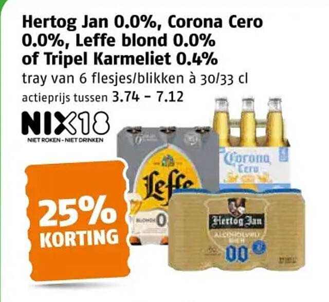 Hertog Jan 0.0%, Corona Cero 0.0%, Leffe blond 0.0% of Tripel Karmeliet 0.4% 25% KORTING