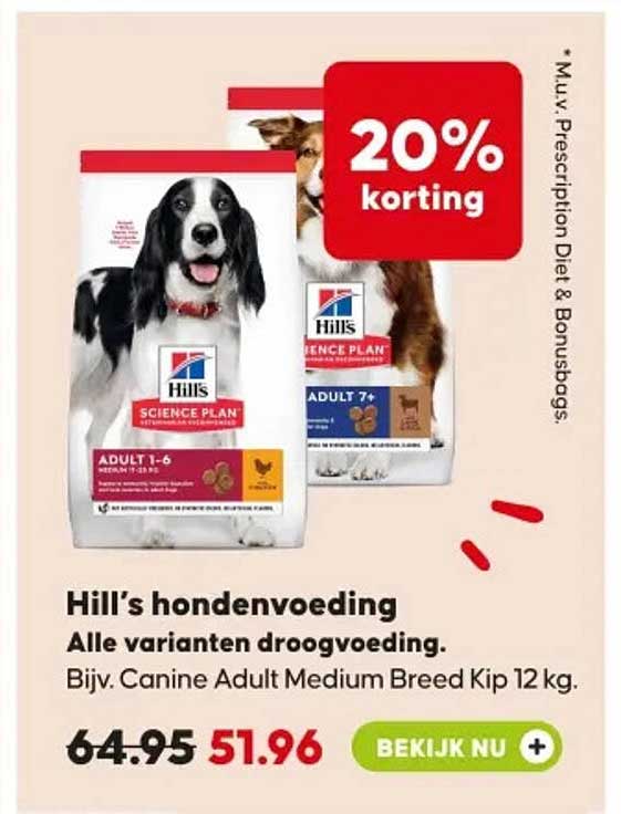 Hill’s hondenvoeding Alle varianten droogvoeding. Bijv. Canine Adult Medium Breed Kip 12 kg. 20% korting