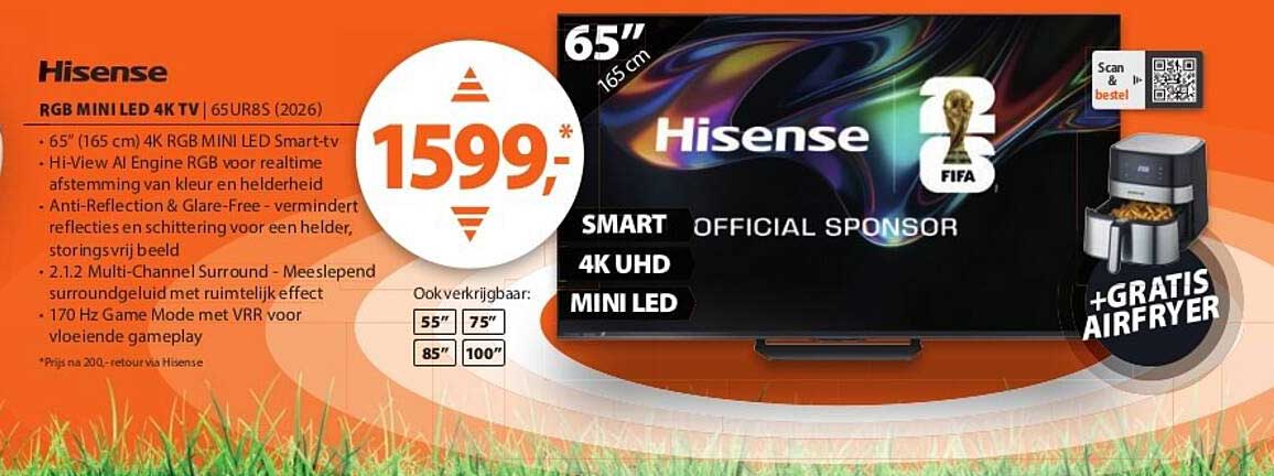 Hisense RGB MINI LED 4K TV 65UR8S (2026) + GRATIS AIRFRYER