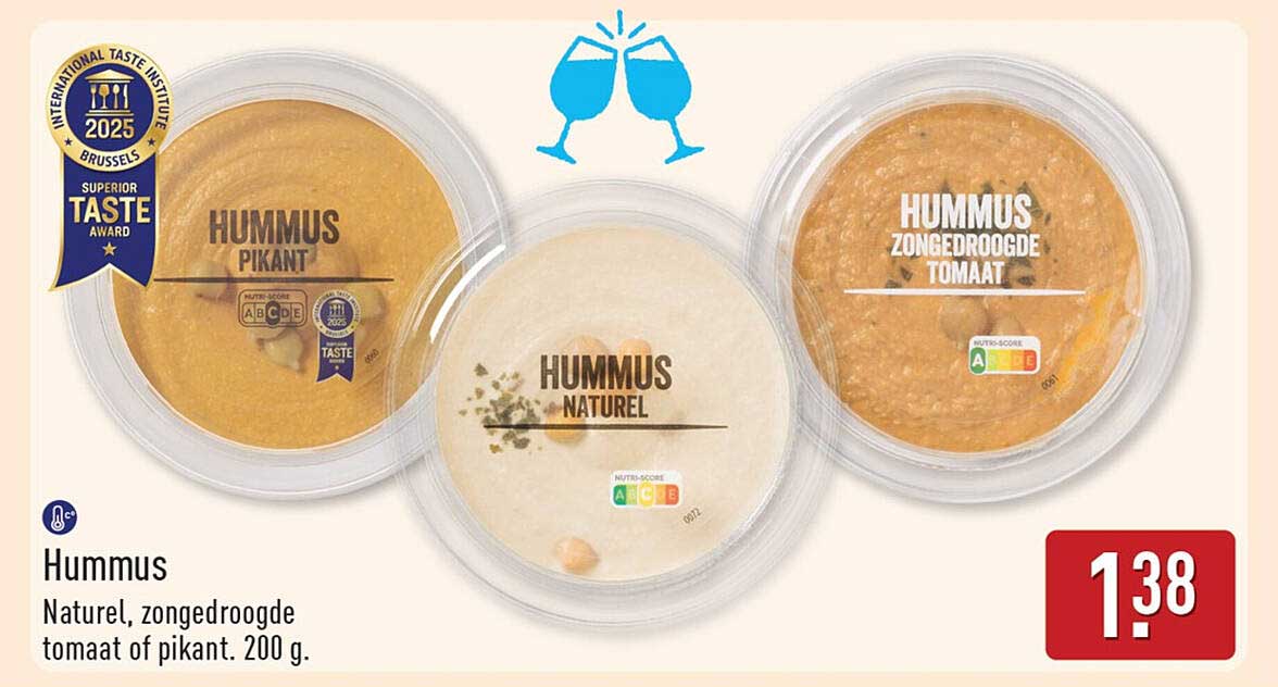 Hummus Naturel, zongedroogde tomaat of pikant. 200 g.