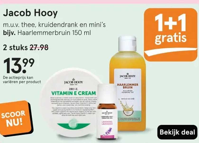 Jacob Hooy m.u.v. thee, kruidendrank en mini’s bijv. Haarlemmerbruin 150 ml 1+1 gratis