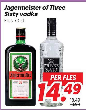 Jagermeister of Three Sixty vodka Fles 70 cl.