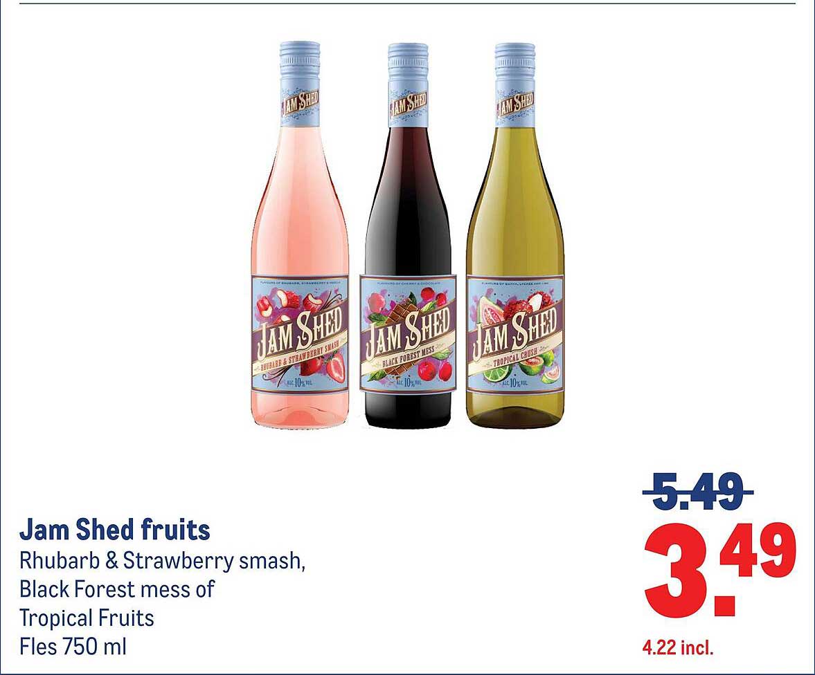 Jam Shed fruits Rhubarb & Strawberry smash, Black Forest mess of Tropical Fruits Fles 750 ml