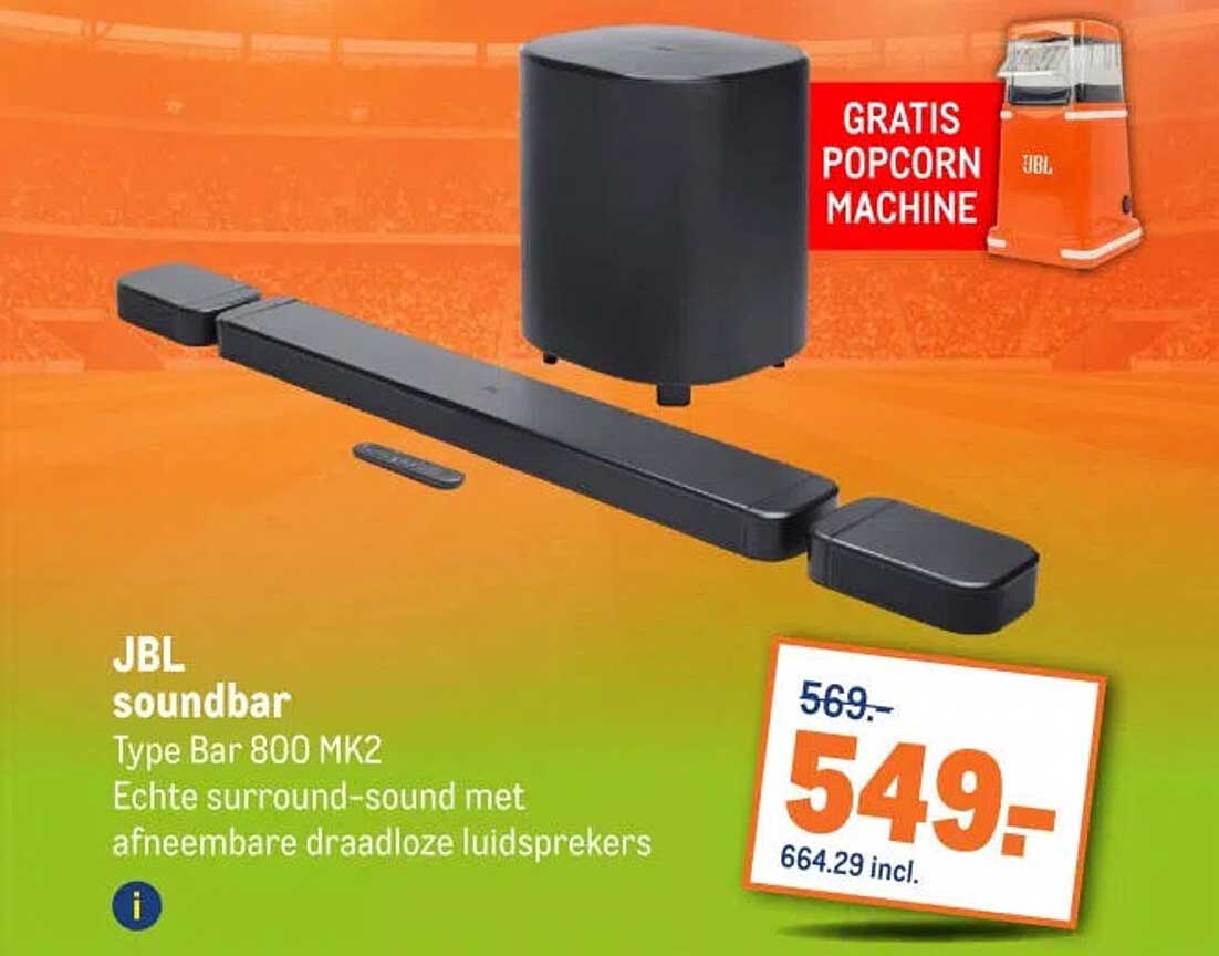 JBL soundbar Type Bar 800 MK2 Echte surround-sound met afneembare draadloze luidsprekers GRATIS POPCORN MACHINE
