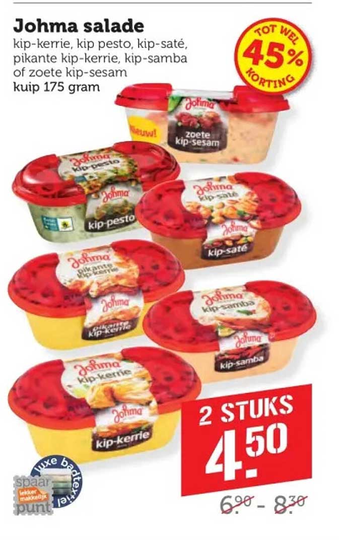 Johma salade kip-kerrie, kip pesto, kip saté, pikante kip-kerrie, kip-samba of zoete kip-sesam kuip 175 gram