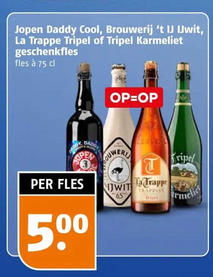 Jopen Daddy Cool, Brouwerij 't IJ IJwit, La Trappe Tripel of Tripel Karmeliet geschenkfles OP=OP