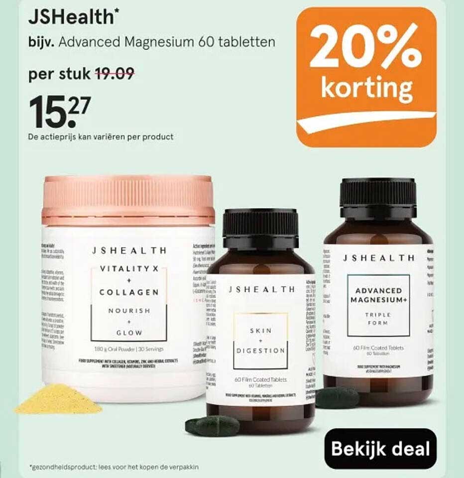 JSHealth bijv. Advanced Magnesium 60 tabletten 20% korting