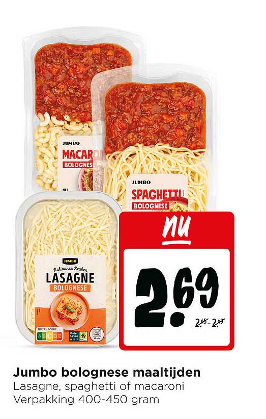 Jumbo bolognese maaltijden Lasagne, spaghetti of macaroni Verpakking 400-450 gram