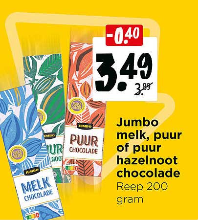 Jumbo melk, puur of puur hazelnoot chocolade Reep 200 gram