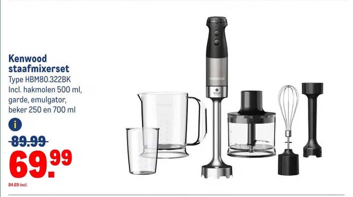 Kenwood staafmixerset Type HBM80.322BK Incl. hakmolen 500 ml, garde, emulgator, beker 250 en 700 ml