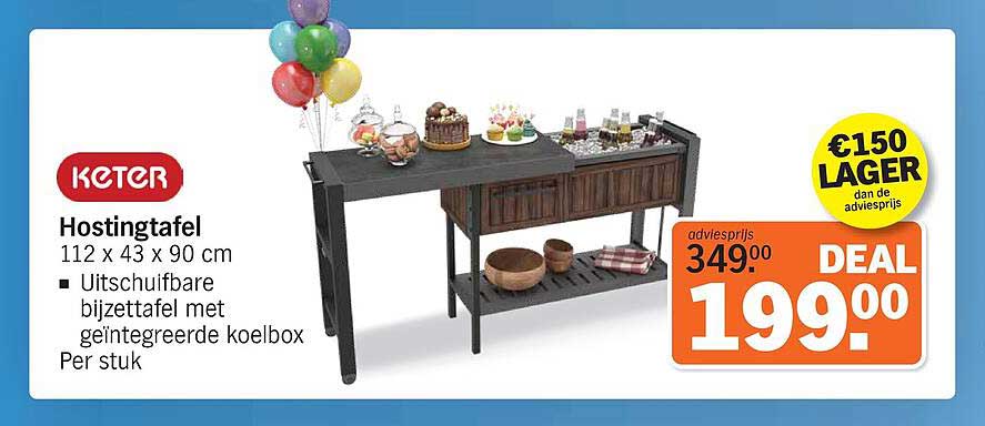 KETER Hostingtafel 112 x 43 x 90 cm - Uitschuifbare bijzettafel geïntegreerde koelbox Per stuk