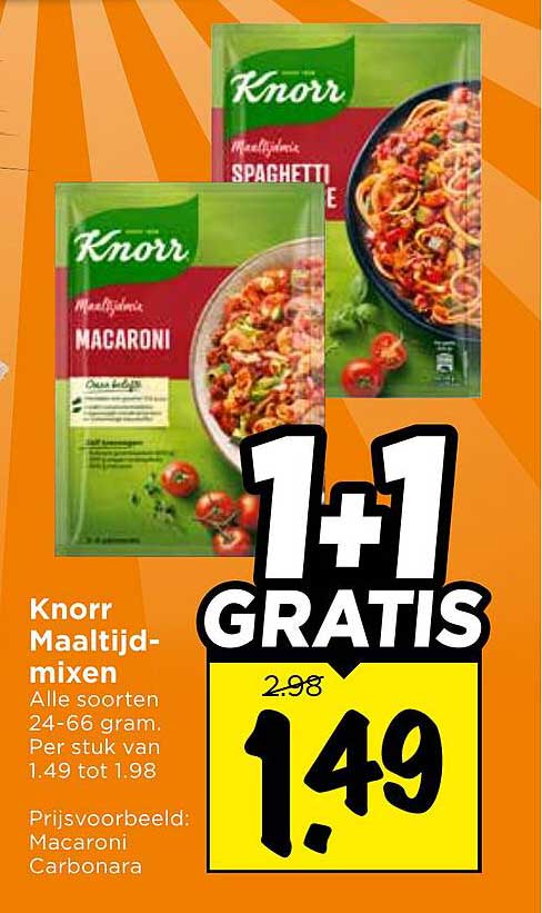 Knorr Maaltijdmixen Alle soorten 24-66 gram. Per stuk van 1.49 tot 1.98 1+1 GRATIS