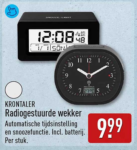 KRONTALER Radiogestuurde wekker Automatische tijdsinstelling en snoozefunctie. Incl. batterij. Per stuk.