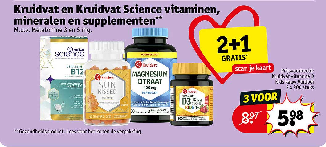 Kruidvat en Kruidvat Science vitaminen, mineralen en supplementen** 2+1 GRATIS*