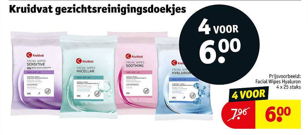 Kruidvat gezichtsreinigingsdoekjes 4 voor 6.00