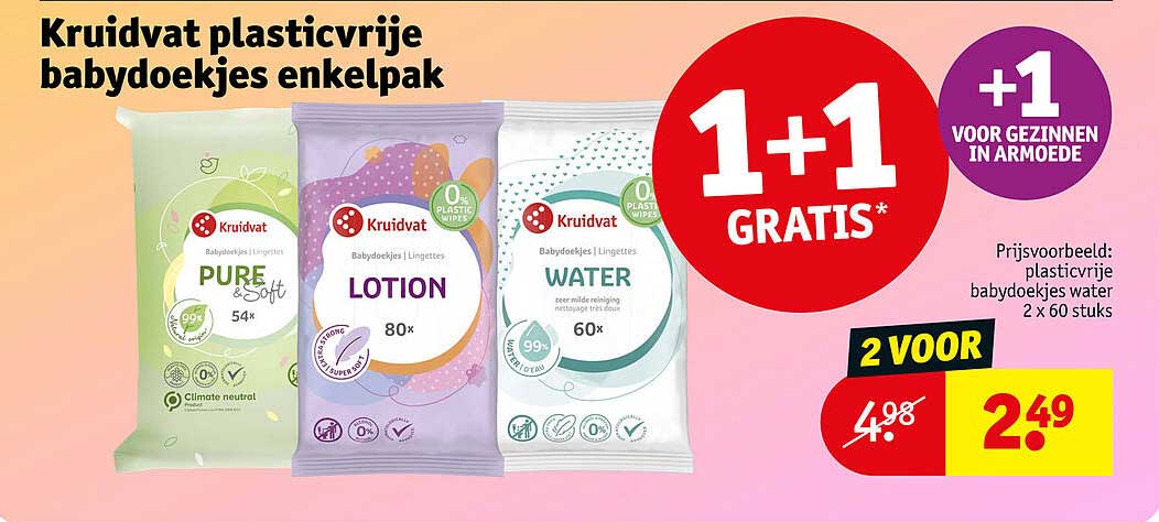 Kruidvat plasticvrije babydoekjes enkelpak 1+1 gratis