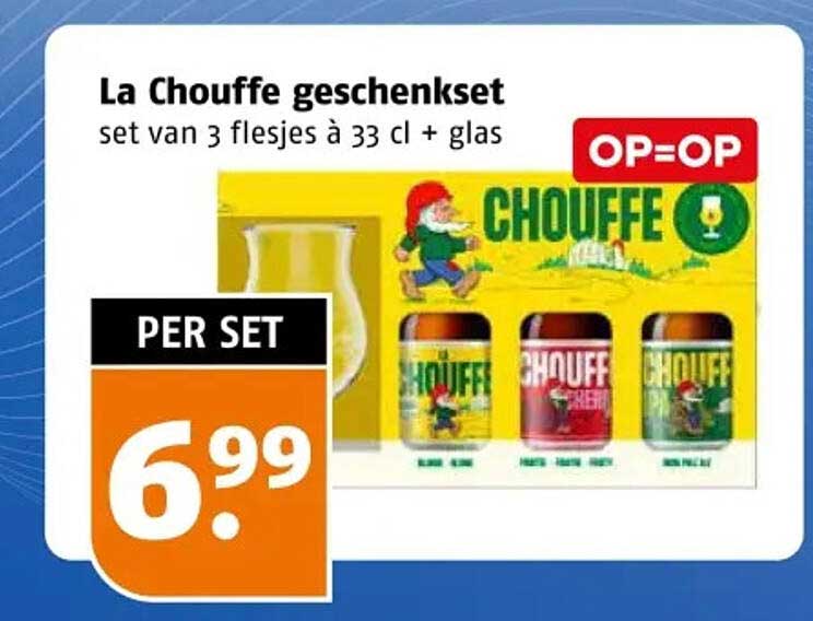 La Chouffe geschenkset set van 3 flesjes à 33 cl + glas OP=OP