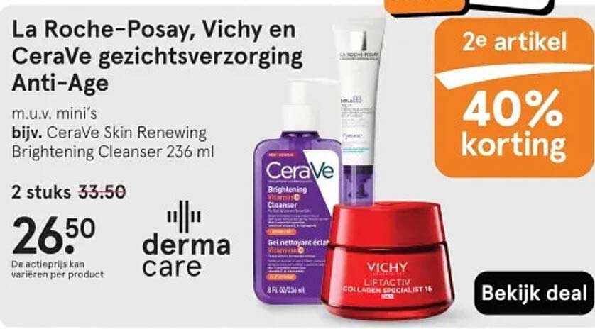 La Roche-Posay, Vichy en CeraVe gezichtsverzorging Anti-Age 2e artikel 40% korting