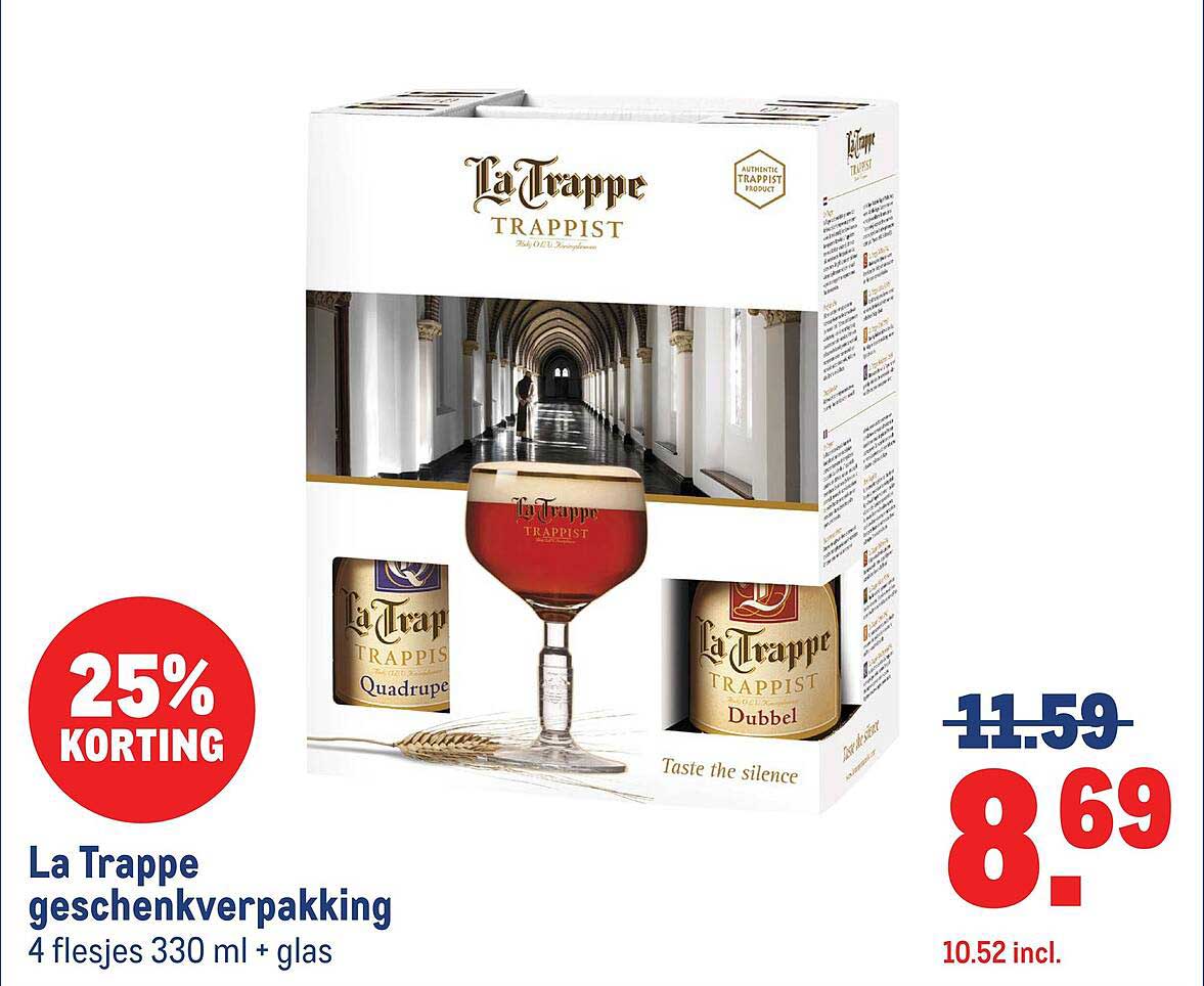 La Trappe geschenkverpakking 4 flesjes 330 ml + glas 25% KORTING