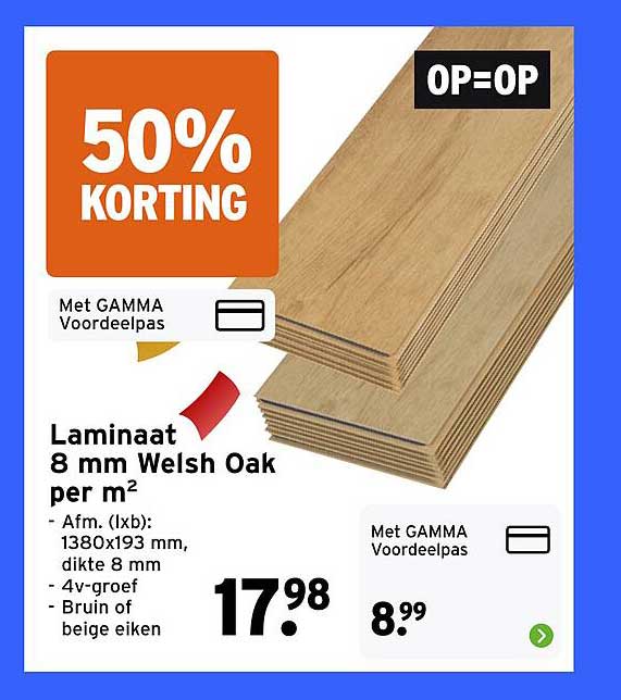 Laminaat 8 mm Welsh Oak per m² - 50% korting