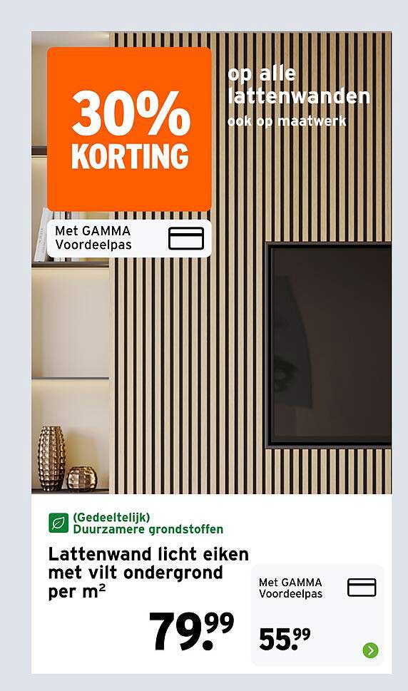 Lattenwand licht eiken met vilt ondergrond per m² 30% KORTING