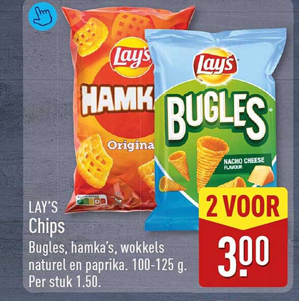 LAY'S Chips Bugles, hamka's, wokkels naturel en paprika. 100-125 g. Per stuk 1.50. 2 VOOR