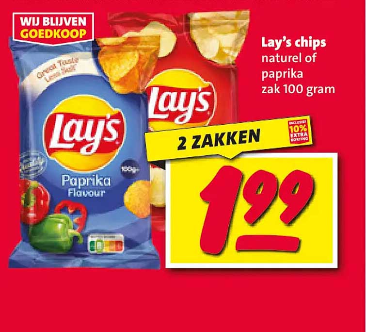 Lay’s chips naturel of paprika zak 100 gram 2 ZAKKEN