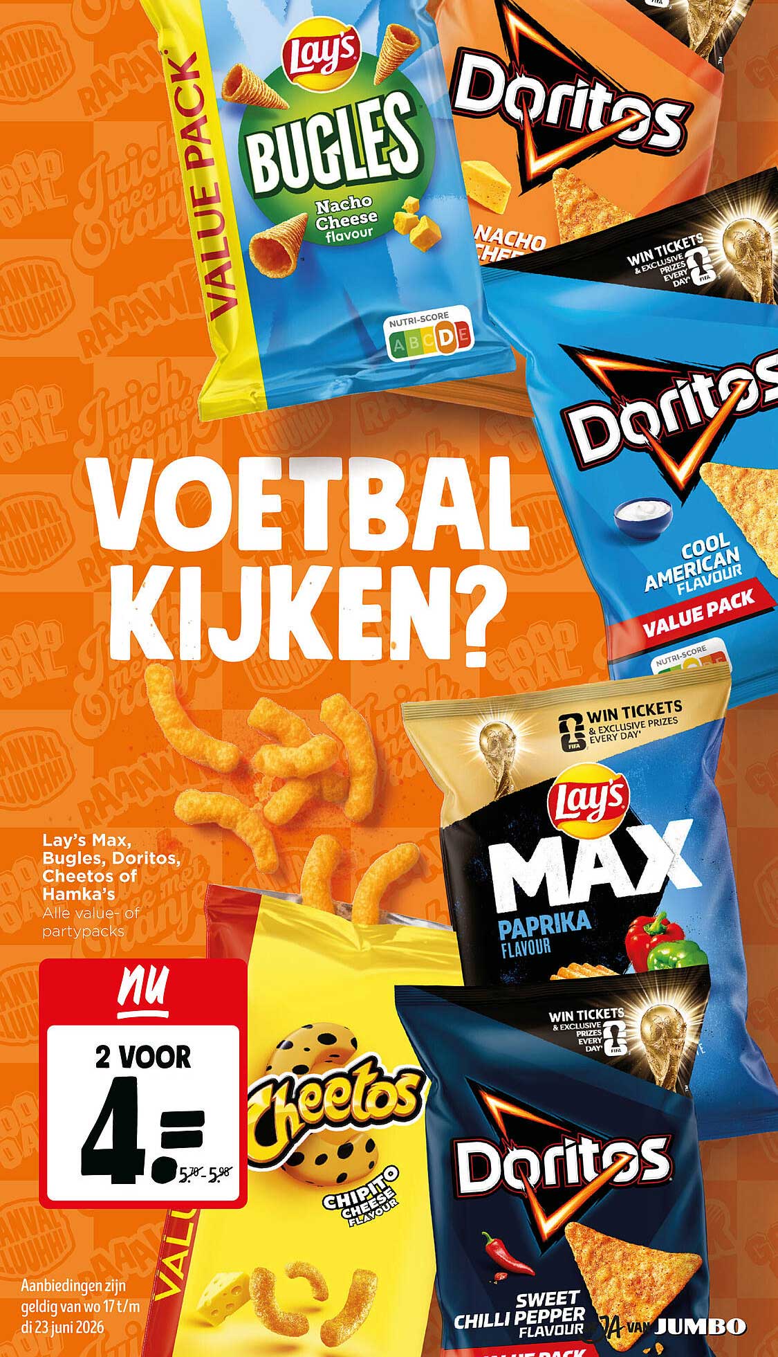 Lay’s Max, Bugles, Doritos, Cheetos of Hamka’s Alle value- of partypacks 2 voor 4,-