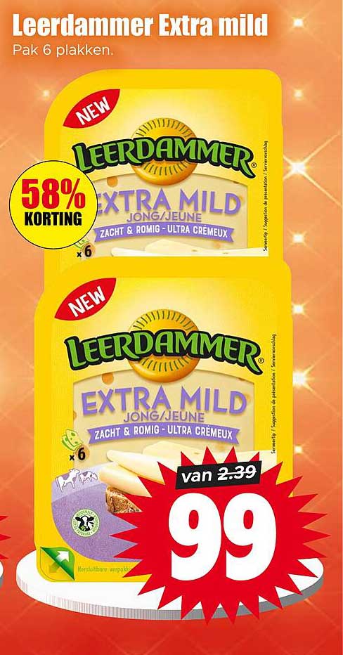 Leerdammer Extra mild Pak 6 plakken. 58% korting