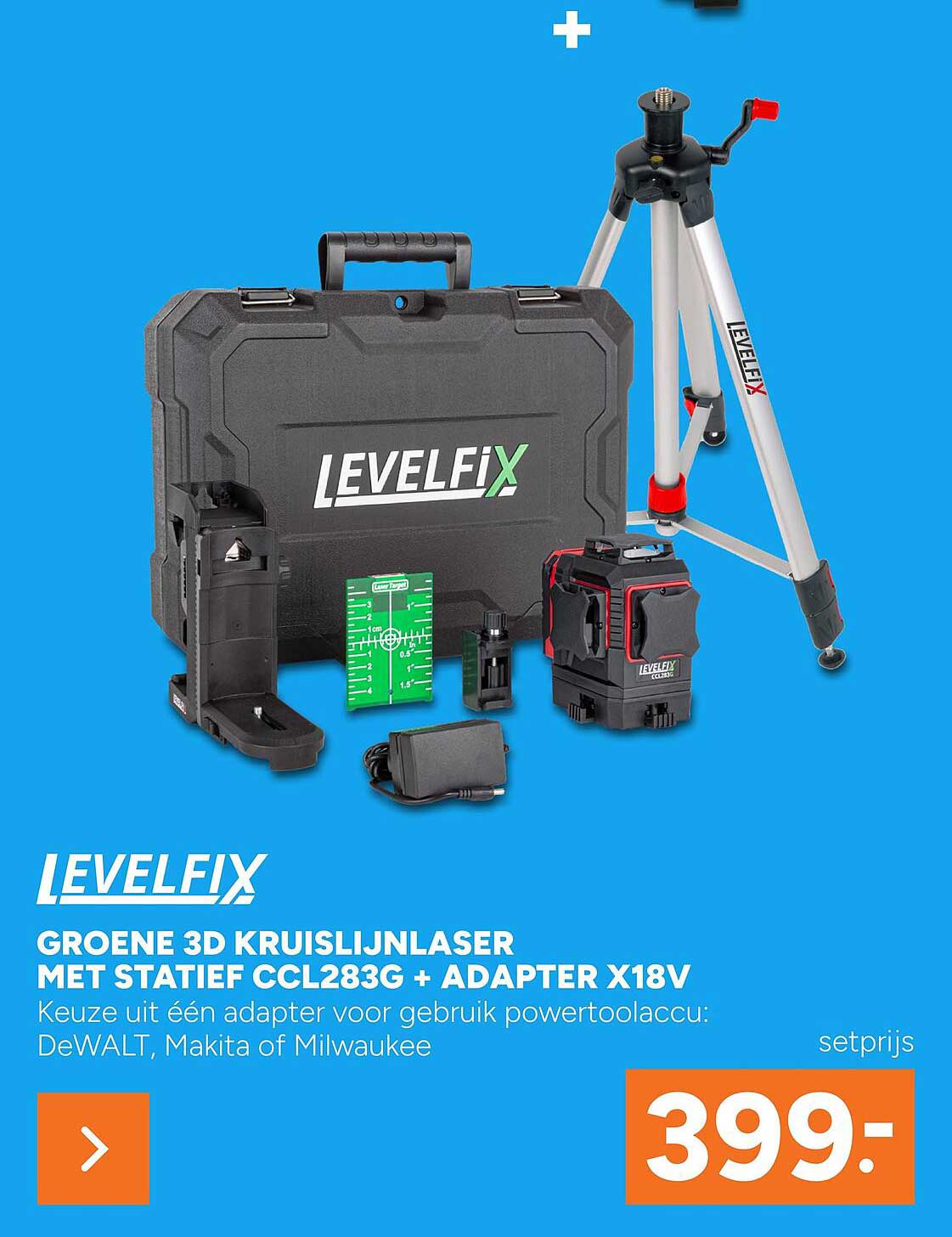 LEVELFIX GROENE 3D KRUISLIJNLASER MET STATIEF CCL283G + ADAPTER X18V