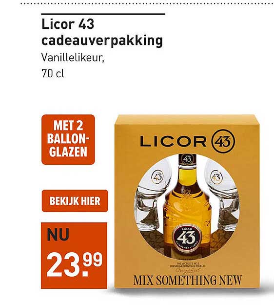 Licor 43 cadeauverpakking Vanillickeur, 70 cl MET 2 BALLON-GLAZEN