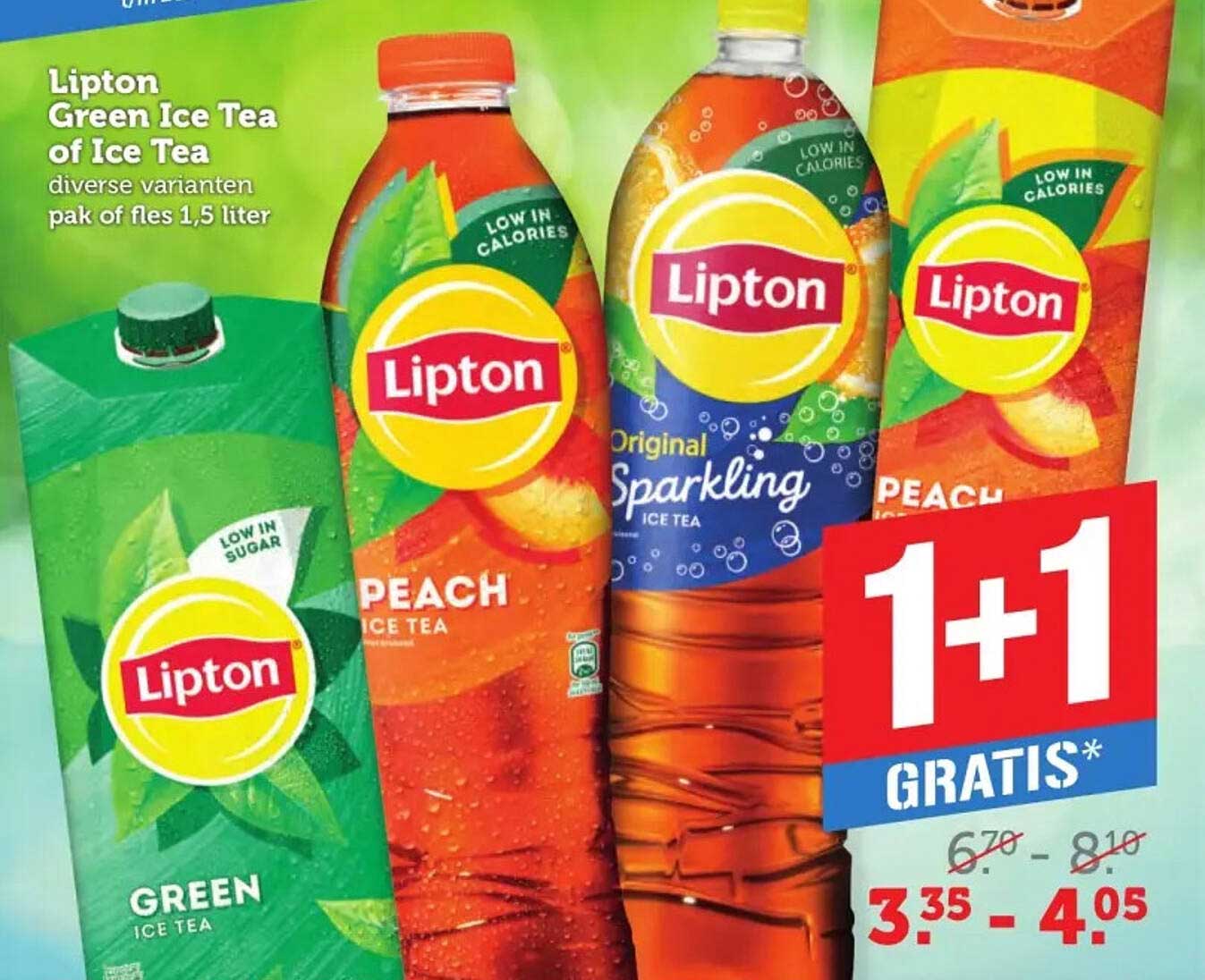 Lipton Green Ice Tea of Ice Tea diverse varianten pak of fles 1,5 liter 1+1 GRATIS*