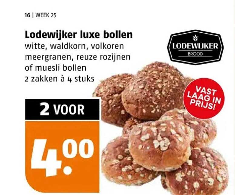 Lodewijker luxe bollen witte, waldkorn, volkoren meergranen, reuze rozijnen of muesli bollen 2 zakken à 4 stuks 2 voor