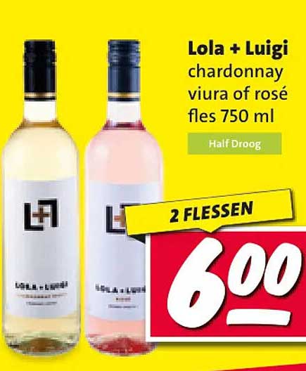 Lola + Luigi chardonnay viura of rosé fles 750 ml 2 flessen