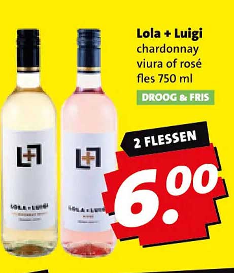 Lola + Luigi chardonnay viura of rosé fles 750 ml DROOG & FRIS 2 FLESSEN