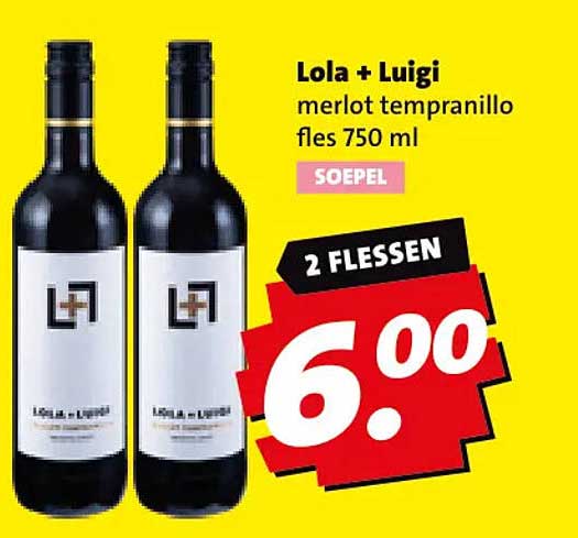 Lola + Luigi merlot tempranillo fles 750 ml SOEPEL 2 FLESSEN