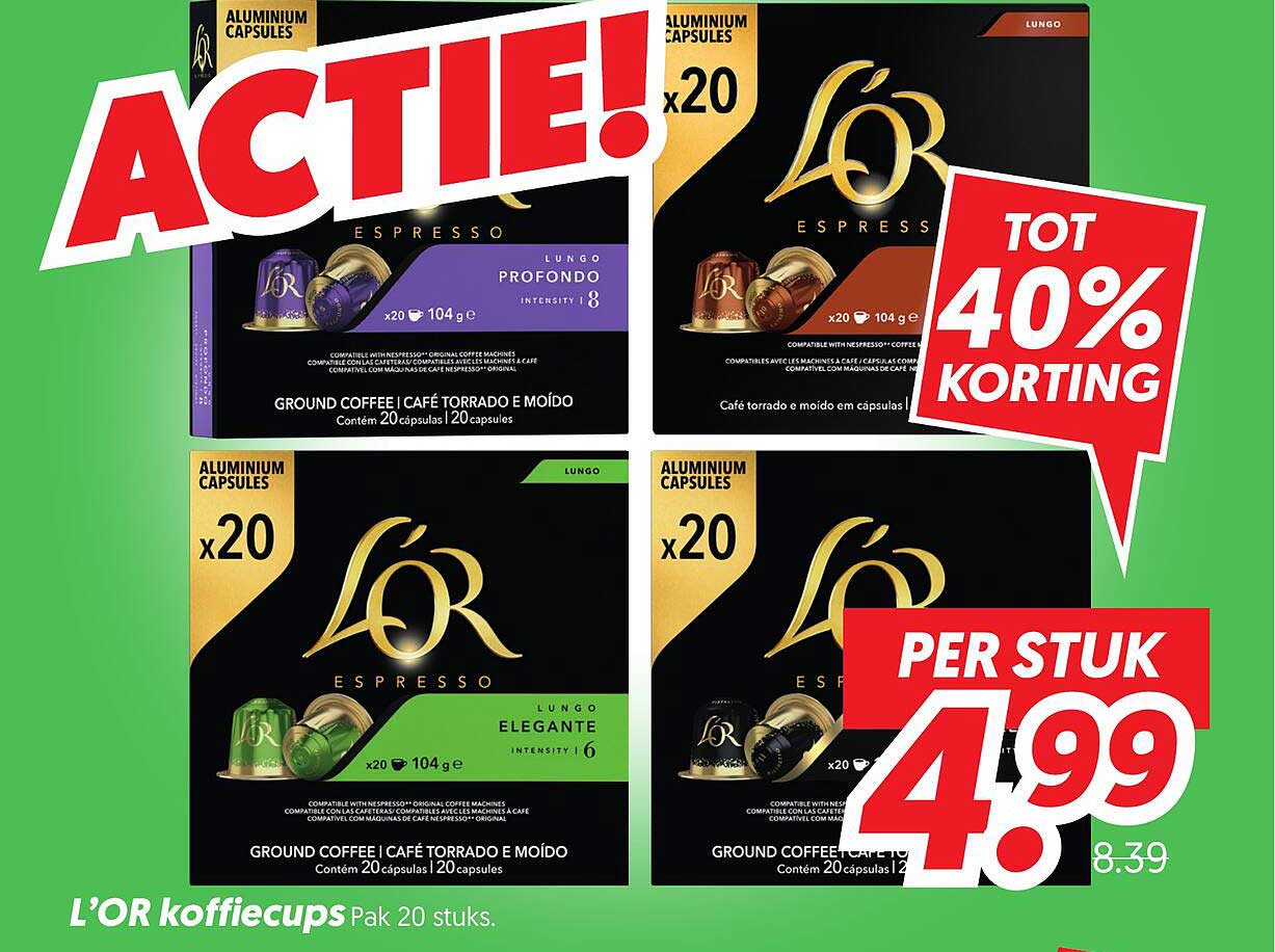 L’OR koffiecups Pak 20 stuks. TOT 40% KORTING
